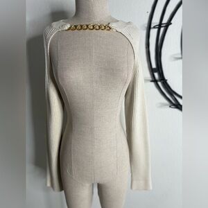 Woman’s high neck cutout statement sleeves sweater cream white size L pullover
